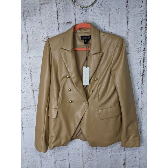 Rachel Zoe Tan Double Breasted Goldtone Crest Buttons Faux Leather Blazer sz L L - Picture 1 of 11